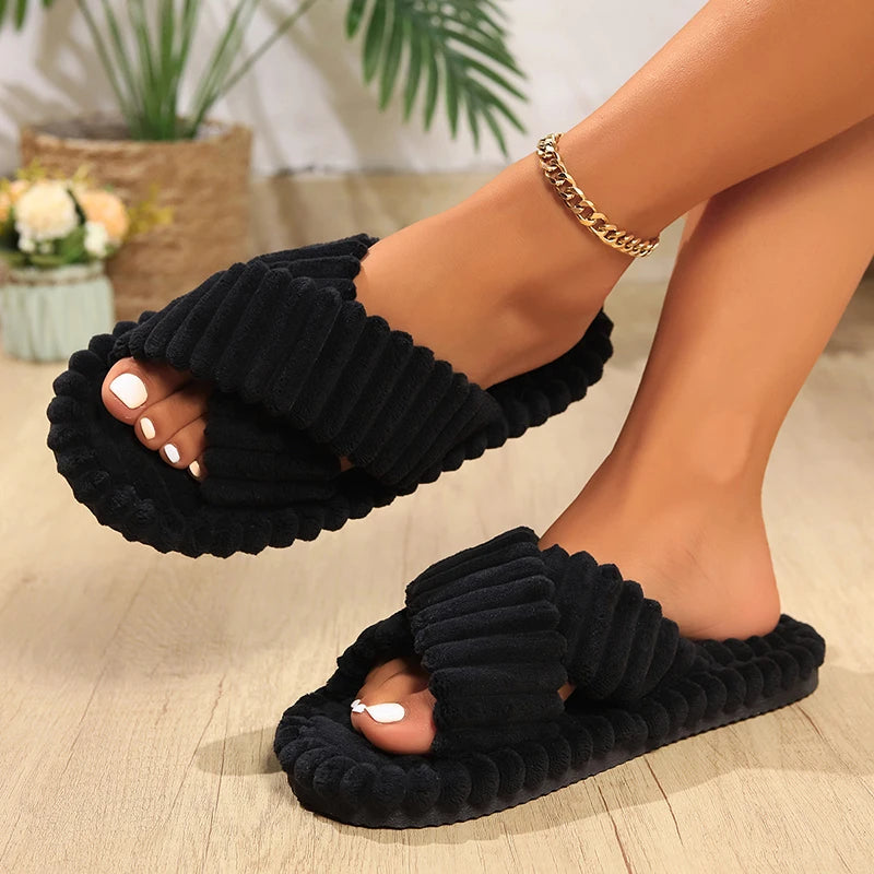 Chinelos Femininos de Veludo Cruzado – Conforto Aconchegante e Estilo Luxuoso para o Outono e Inverno!
