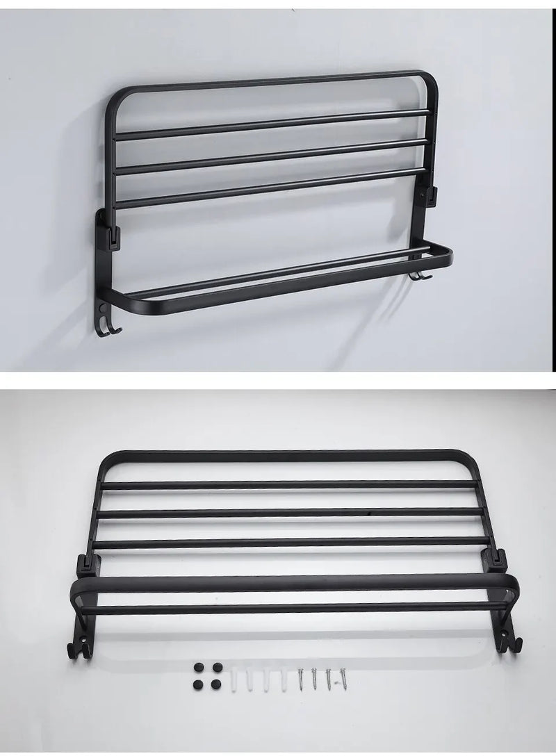 Suporte Dobrável de Toalha em Preto Fosco – Elegância e Praticidade com Gancho Extra e 50CM de Funcionalidade na Sua Parede!