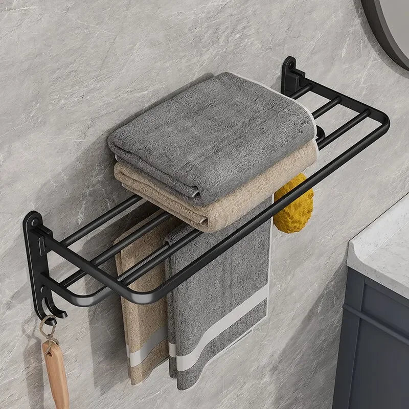 Suporte Dobrável de Toalha em Preto Fosco – Elegância e Praticidade com Gancho Extra e 50CM de Funcionalidade na Sua Parede!