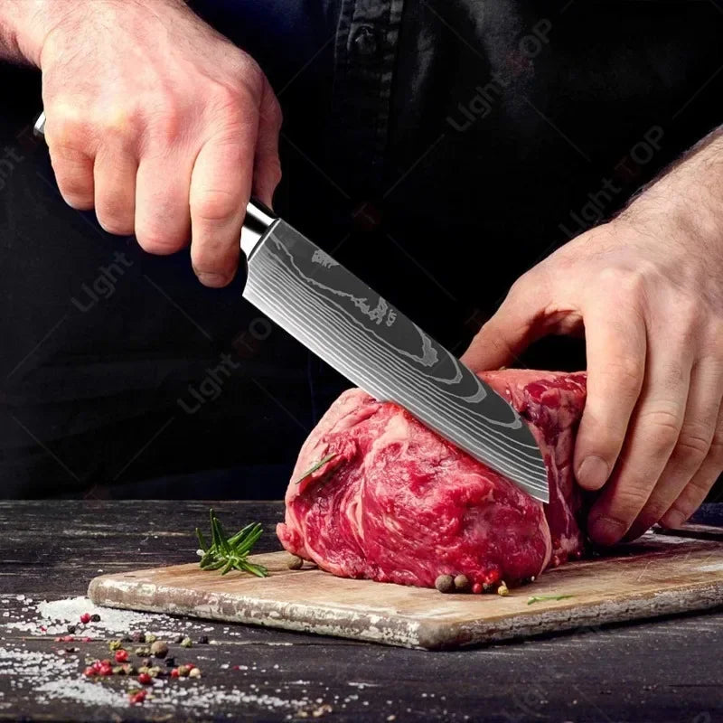 Faca de Cozinha Multifuncional Damasco a Laser – Corte Preciso para Carnes, Pães, Frutas, Churrasco e Muito Mais!