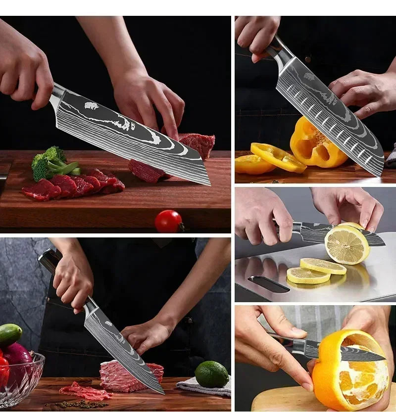 Faca de Cozinha Multifuncional Damasco a Laser – Corte Preciso para Carnes, Pães, Frutas, Churrasco e Muito Mais!