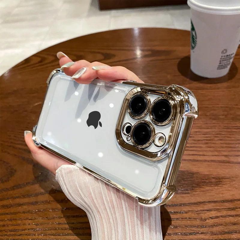 Elegância Transparente com Toque Colorido – Capa Dura Antichoque com Proteção nos 4 Cantos para iPhone 12 a 16