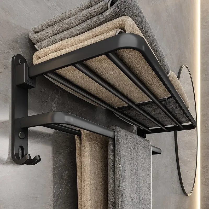 Suporte Dobrável de Toalha em Preto Fosco – Elegância e Praticidade com Gancho Extra e 50CM de Funcionalidade na Sua Parede!