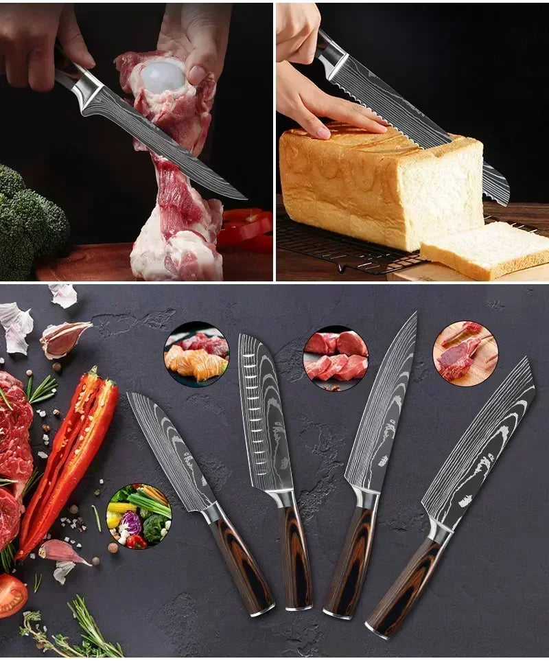 Faca de Cozinha Multifuncional Damasco a Laser – Corte Preciso para Carnes, Pães, Frutas, Churrasco e Muito Mais!