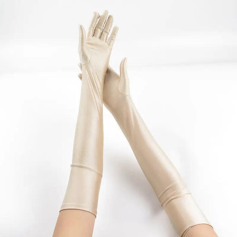 Estilo Que Alonga: Luvas Femininas Longas com Proteção Solar e Toque Suave para Eventos e Performances
