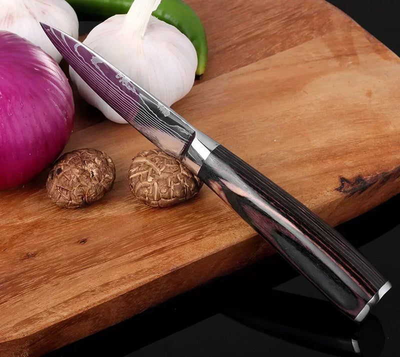 Faca de Cozinha Multifuncional Damasco a Laser – Corte Preciso para Carnes, Pães, Frutas, Churrasco e Muito Mais!