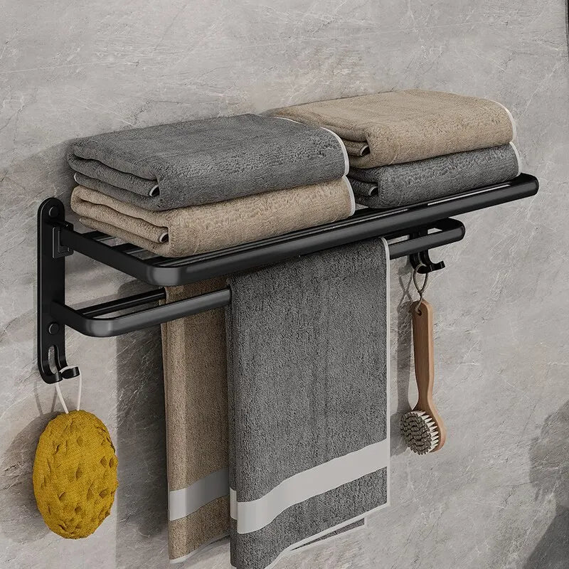 Suporte Dobrável de Toalha em Preto Fosco – Elegância e Praticidade com Gancho Extra e 50CM de Funcionalidade na Sua Parede!