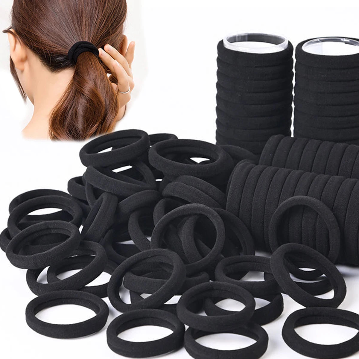 Kit com 50/100 Elásticos de Cabelo Pretos – Alta Elasticidade e Resistência para Coques, Rabos de Cavalo e Penteados do Dia a Dia