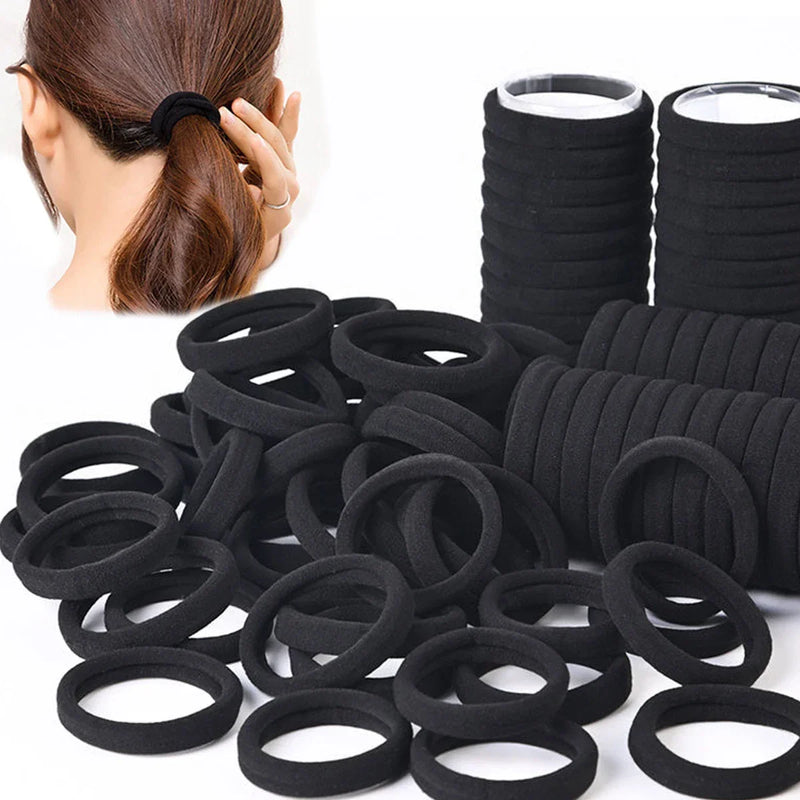 Kit com 50/100 Elásticos de Cabelo Pretos – Alta Elasticidade e Resistência para Coques, Rabos de Cavalo e Penteados do Dia a Dia