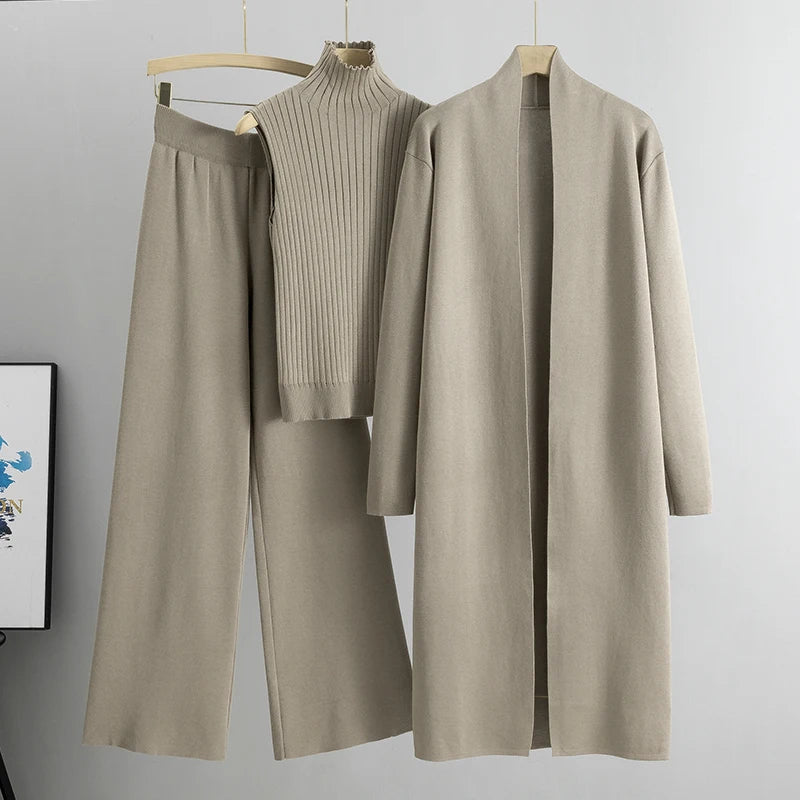 Conjunto Feminino 3 Peças Elegante: Cardigan + Calça + Camisola em Malha Vintage — Estilo Versátil para Primavera e Outono!