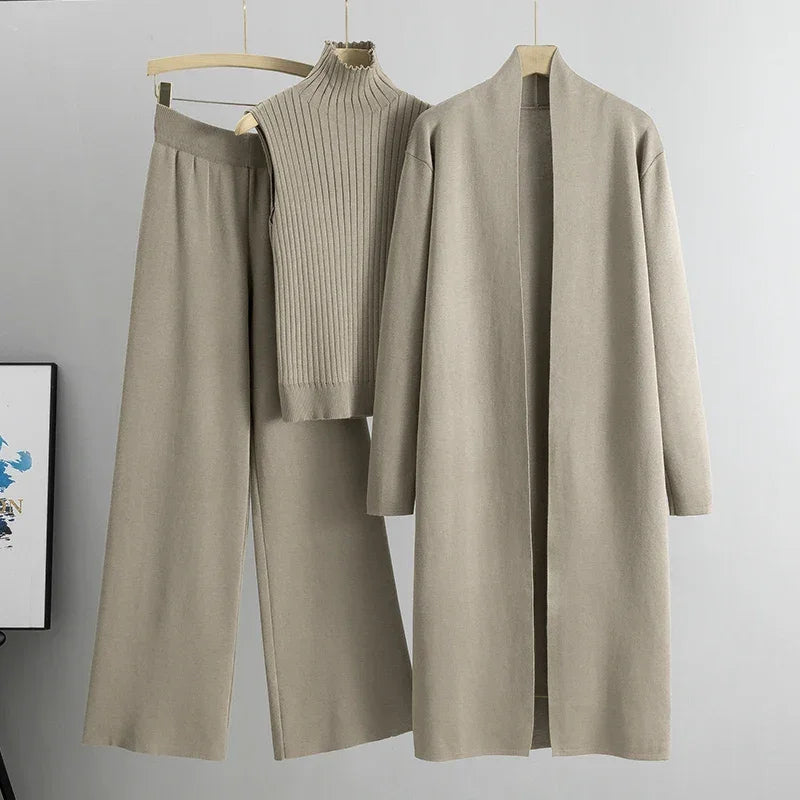 Conjunto Feminino 3 Peças Elegante: Cardigan + Calça + Camisola em Malha Vintage — Estilo Versátil para Primavera e Outono!