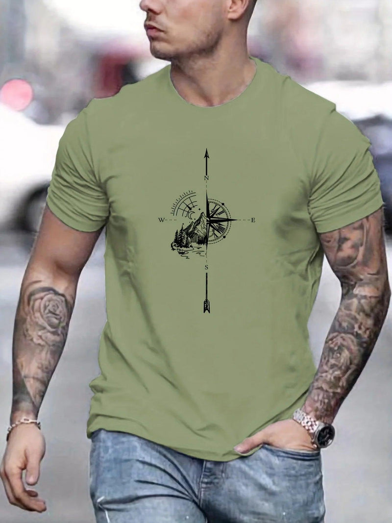 Camiseta Masculina 100% Algodão – Estampa Montanha & Bússola, Estilo Aventureiro com Conforto Leve de Verão