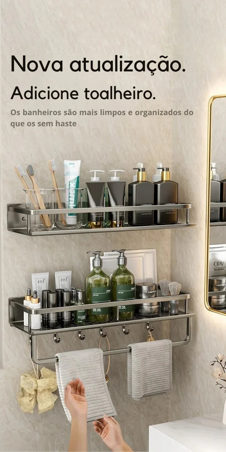 Transforme Seu Banheiro em Minutos: Suporte de Parede de Alumínio para Organização com Estilo e Praticidade!