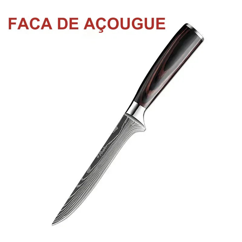 Faca de Cozinha Multifuncional Damasco a Laser – Corte Preciso para Carnes, Pães, Frutas, Churrasco e Muito Mais!