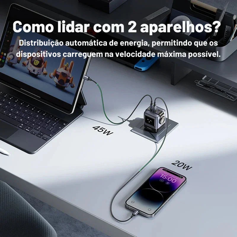 O Carregador Inteligente com Design Robô: Potência GaN de 65W para Carregar Tudo — de iPhones a MacBooks, com Estilo e Velocidade!