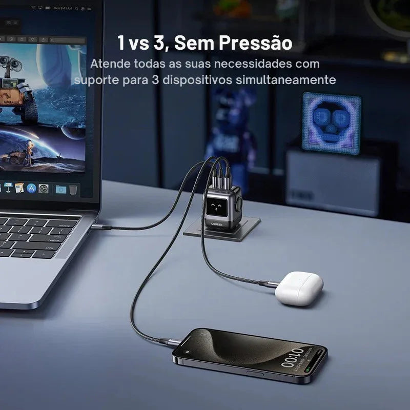 O Carregador Inteligente com Design Robô: Potência GaN de 65W para Carregar Tudo — de iPhones a MacBooks, com Estilo e Velocidade!