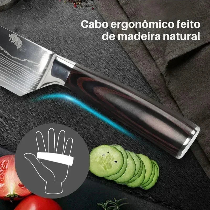 Faca de Cozinha Multifuncional Damasco a Laser – Corte Preciso para Carnes, Pães, Frutas, Churrasco e Muito Mais!