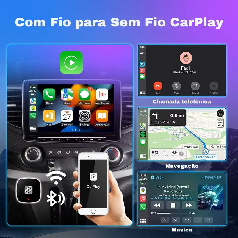 Adaptador CarPlay 2 em 1 Sem Fio – Conexão Rápida e Inteligente para Android e iPhone