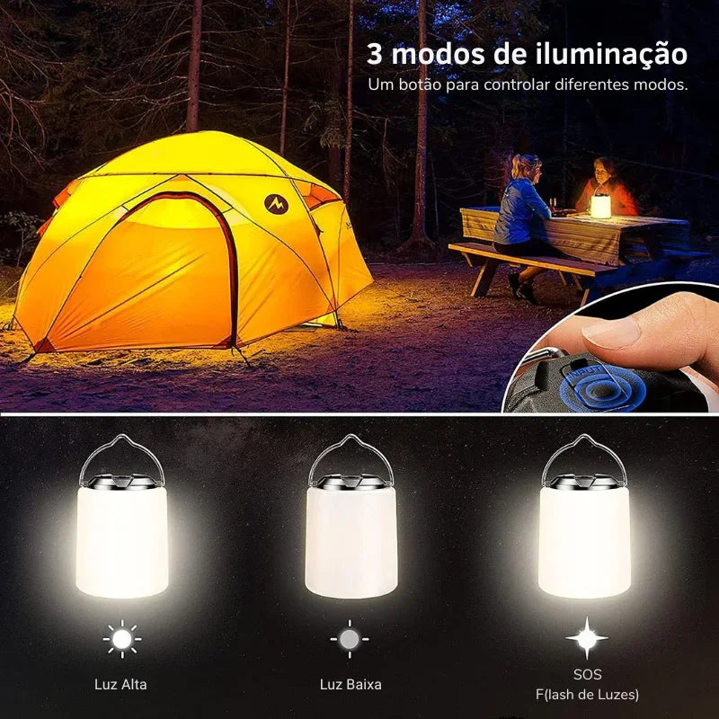 Lanterna Recarregável 3 em 1: Iluminação Quente e Potente Para Acampamentos, Trilhas e Aventuras — À Prova D'Água e Pronta Para Tudo!