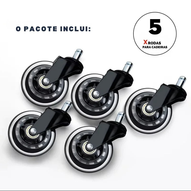 Kit 5 Rodas Premium para Cadeira de Escritório – Rodas de Borracha Giratórias, Silenciosas e Anti arranhões, em 2 Tamanhos para Substituição Fácil e Segura!