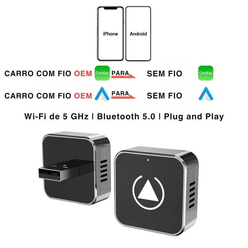 Mini Adaptador CarPlay & Android Auto Sem Fio – USB Plug & Play Universal para Diversos Modelos de Carros