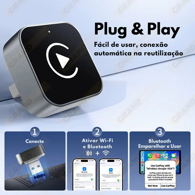 Adaptador CarPlay 2 em 1 Sem Fio – Conexão Rápida e Inteligente para Android e iPhone