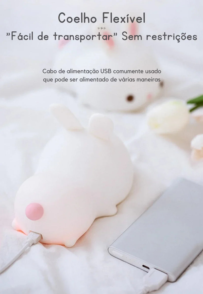 Descubra a Magia do Toque: Luminária Coelho de Silicone com 16 Cores RGB — Recarregável via USB, Macia, Divertida e Perfeita para Encantar Crianças em Qualquer Ocasião!