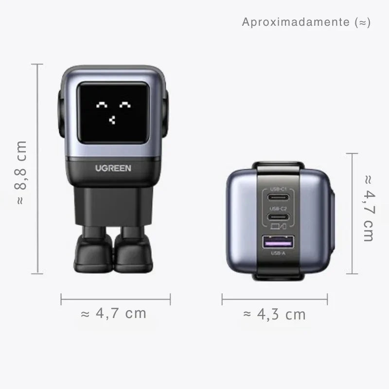 O Carregador Inteligente com Design Robô: Potência GaN de 65W para Carregar Tudo — de iPhones a MacBooks, com Estilo e Velocidade!