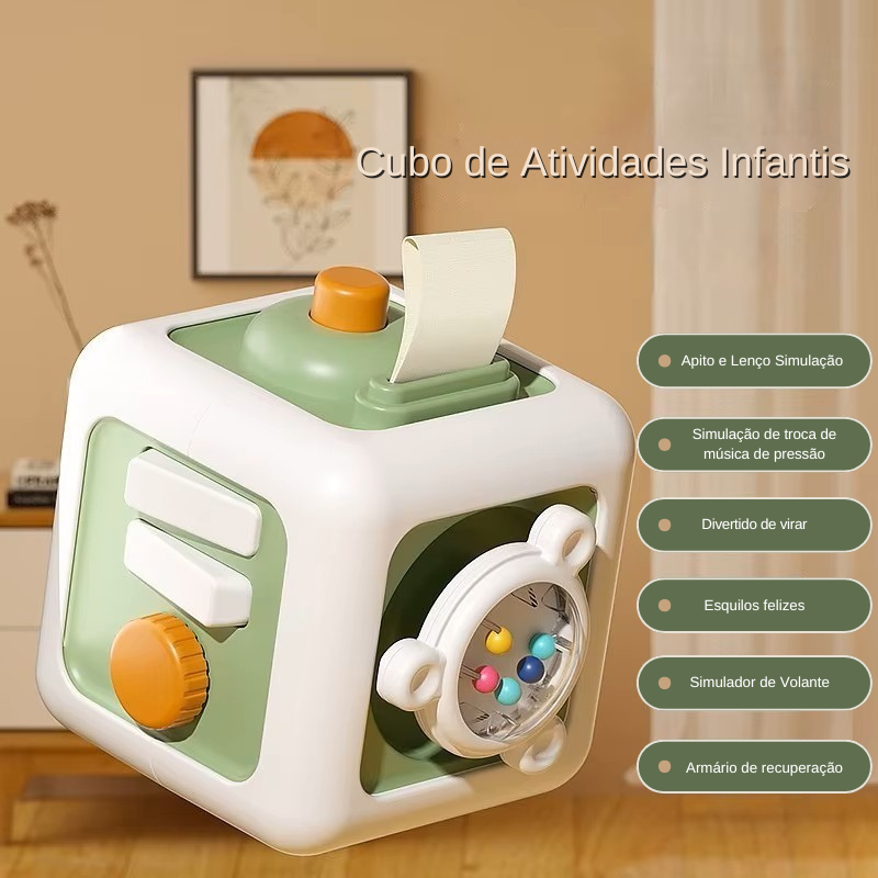 Descubra o Cubo 6 em 1 — o brinquedo sensorial que estimula a curiosidade, coordenação e aprendizado do seu bebê de forma divertida e educativa!