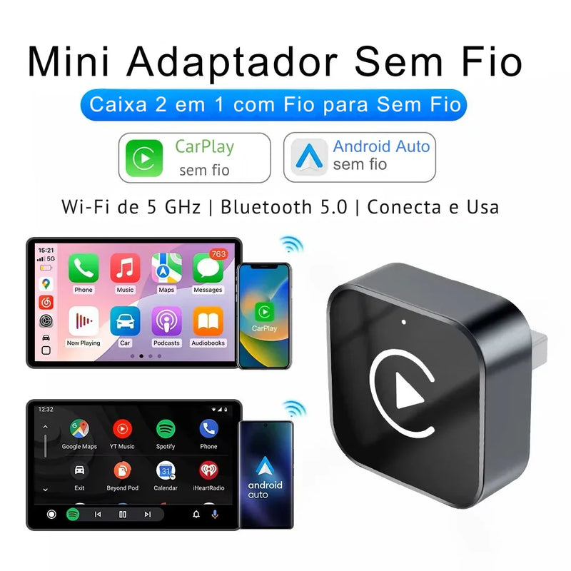 Adaptador CarPlay 2 em 1 Sem Fio – Conexão Rápida e Inteligente para Android e iPhone