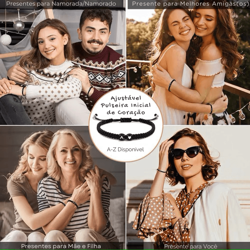 Pulseira Inicial A-Z com Coração – Trançada à Mão, Ajustável e Perfeita para Presentear com Amor
