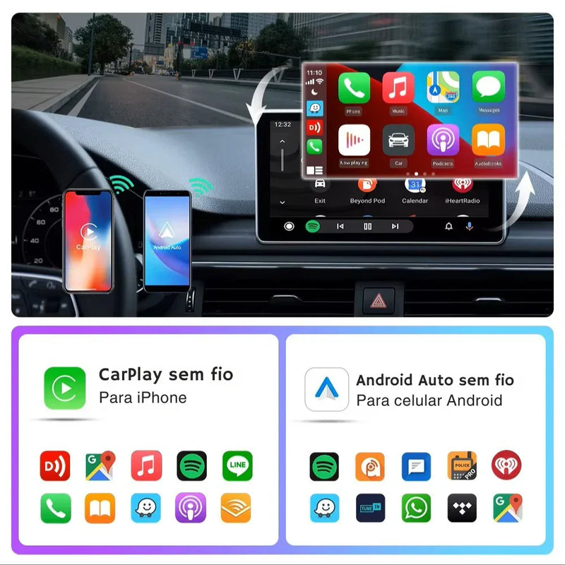 Adaptador CarPlay 2 em 1 Sem Fio – Conexão Rápida e Inteligente para Android e iPhone