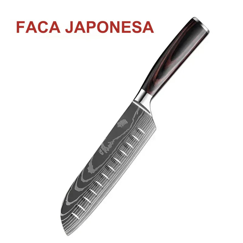 Faca de Cozinha Multifuncional Damasco a Laser – Corte Preciso para Carnes, Pães, Frutas, Churrasco e Muito Mais!