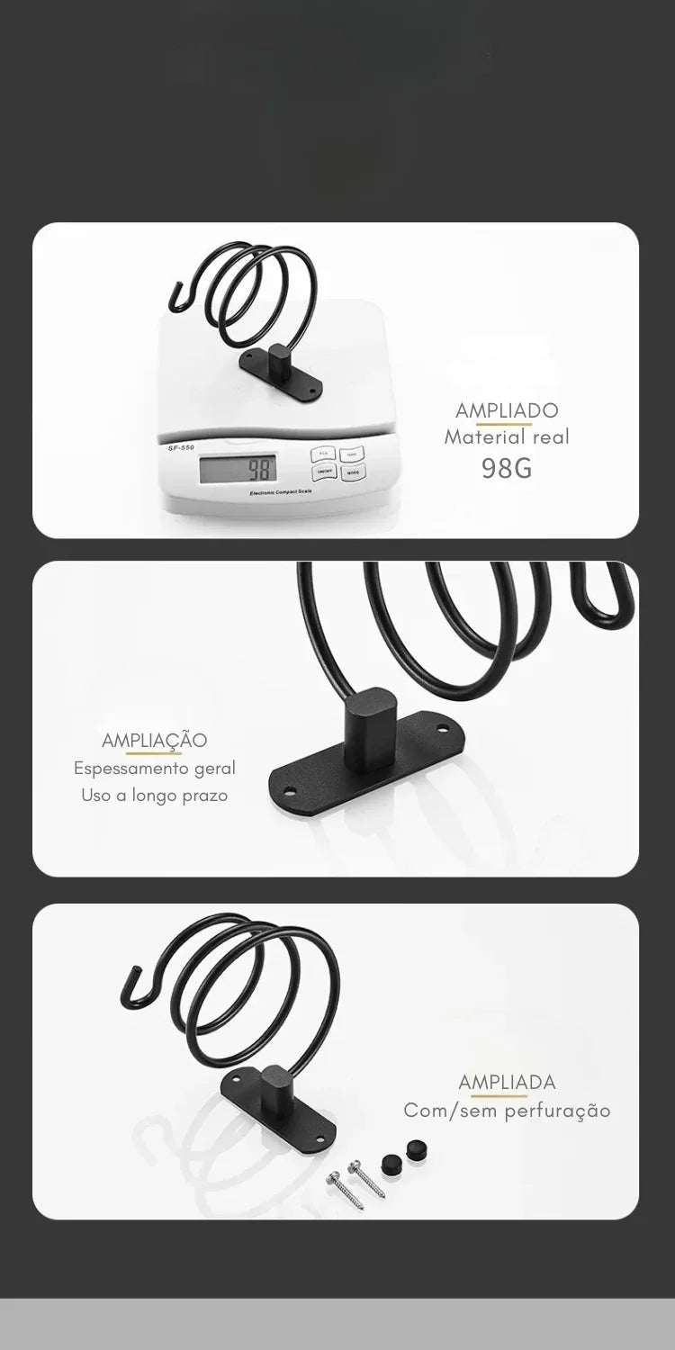 Suporte de Parede em Alumínio Funil para Secador – Organização Inteligente e Estilo Sofisticado para Seu Banheiro!