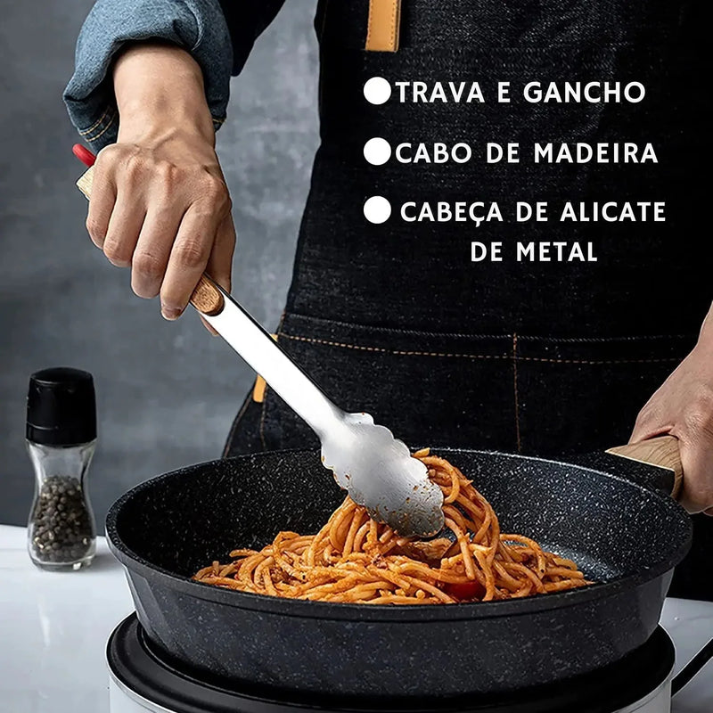 Pinças de Cozinha Premium em Aço Inoxidável – Travamento Seguro e Cabos de Madeira Ergonômicos para Churrascos, Panelas e Preparos Profissionais