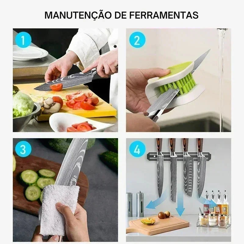 Faca de Cozinha Multifuncional Damasco a Laser – Corte Preciso para Carnes, Pães, Frutas, Churrasco e Muito Mais!