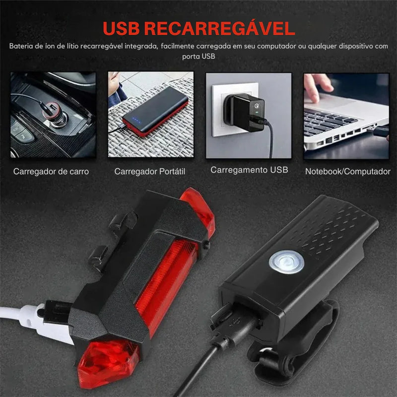 Transforme Seus Pedais Noturnos: Kit de Luz LED USB Recarregável para Bicicleta com Farol Frontal e Lanterna Traseira – Mais Segurança, Estilo e Visibilidade em Qualquer Caminho!