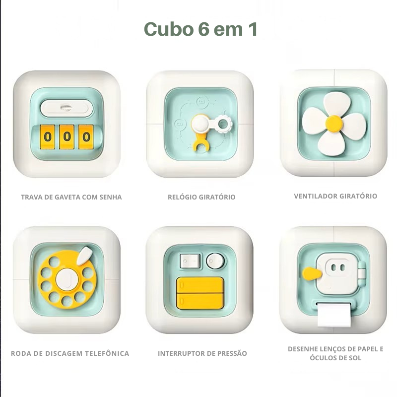 Descubra o Cubo 6 em 1 — o brinquedo sensorial que estimula a curiosidade, coordenação e aprendizado do seu bebê de forma divertida e educativa!