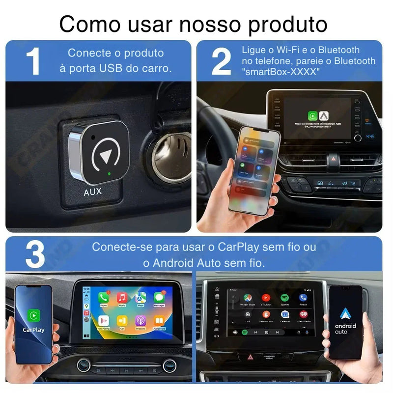 Mini Adaptador CarPlay & Android Auto Sem Fio – USB Plug & Play Universal para Diversos Modelos de Carros