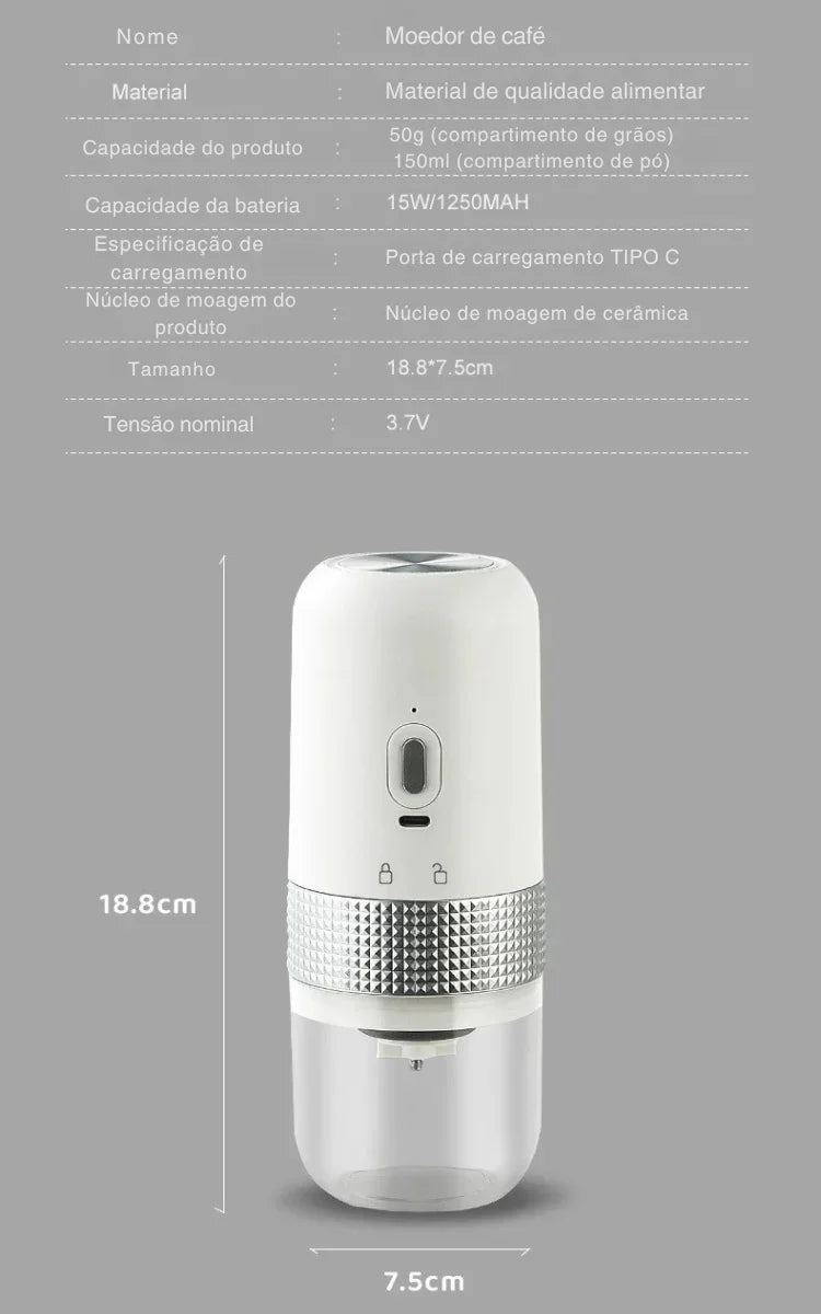 Moa Seu Café Onde Quiser: Moedor Elétrico Portátil com Núcleo de Cerâmica e Carregamento USB para Sabor Profissional em Qualquer Lugar!