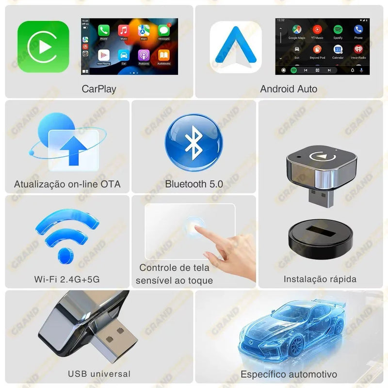 Novo Adaptador Inteligente CarPlay & Android Auto Sem Fio – Mini USB Plug & Play Universal