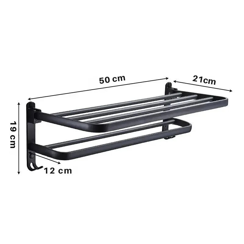 Suporte Dobrável de Toalha em Preto Fosco – Elegância e Praticidade com Gancho Extra e 50CM de Funcionalidade na Sua Parede!