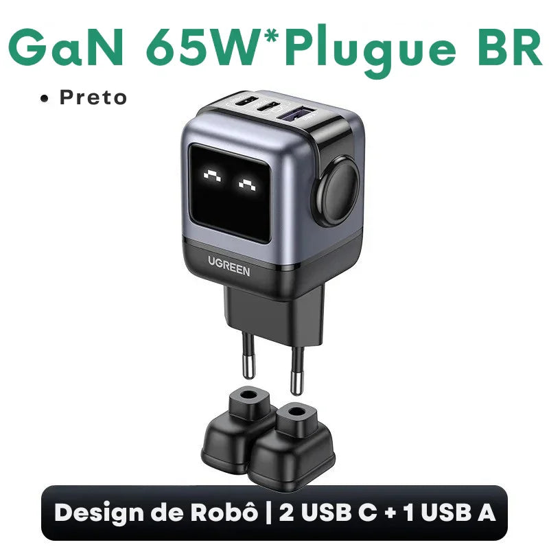 O Carregador Inteligente com Design Robô: Potência GaN de 65W para Carregar Tudo — de iPhones a MacBooks, com Estilo e Velocidade!