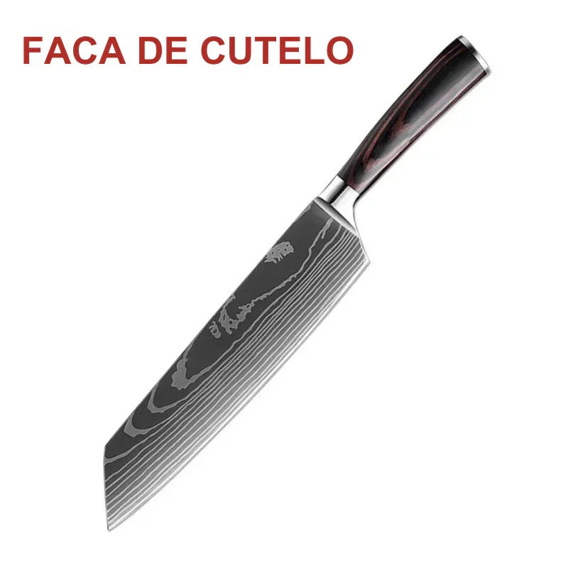 Faca de Cozinha Multifuncional Damasco a Laser – Corte Preciso para Carnes, Pães, Frutas, Churrasco e Muito Mais!