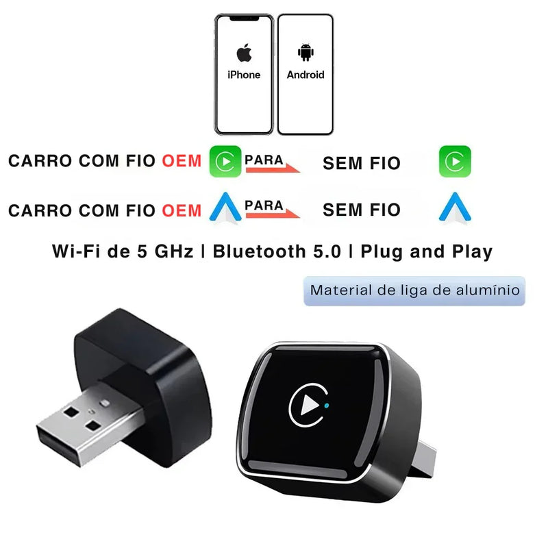 Mini Adaptador CarPlay & Android Auto Sem Fio – USB Plug & Play Universal para Diversos Modelos de Carros