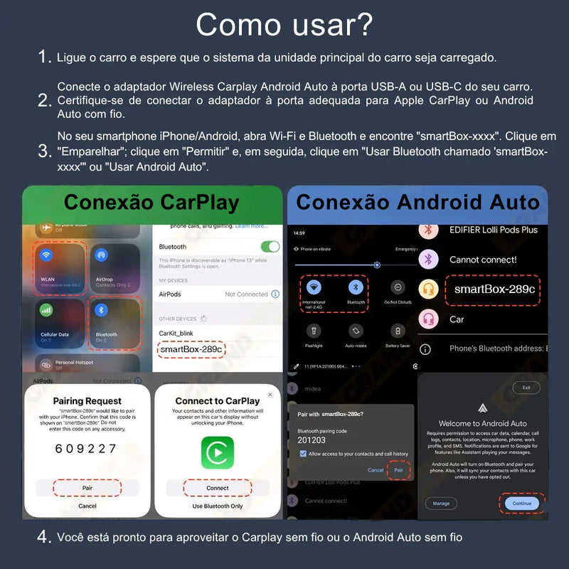 Adaptador CarPlay 2 em 1 Sem Fio – Conexão Rápida e Inteligente para Android e iPhone